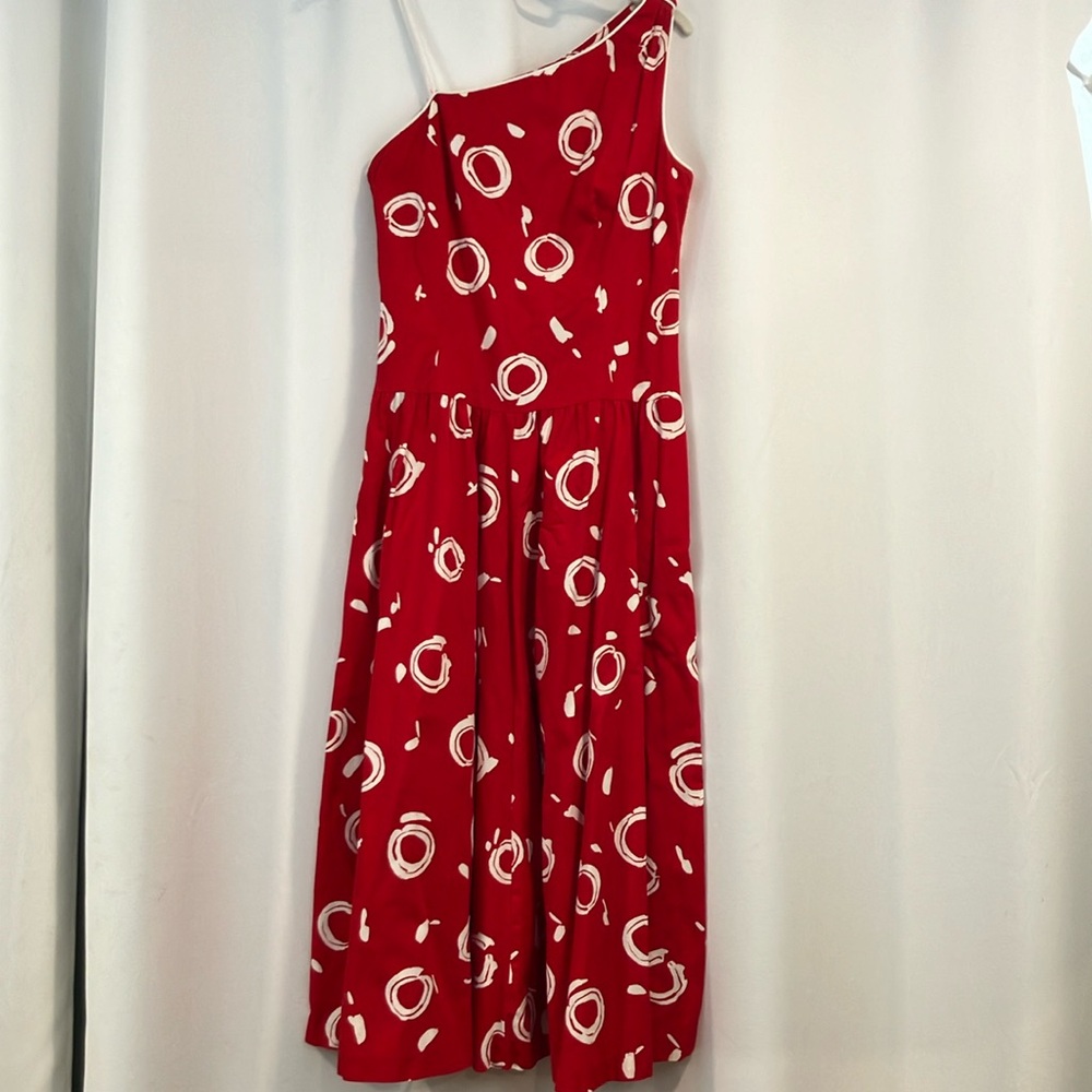 Lanz Vintage 70s One Shoulder Midi Dress Abstract Dots Retro Red Polka Dot 10